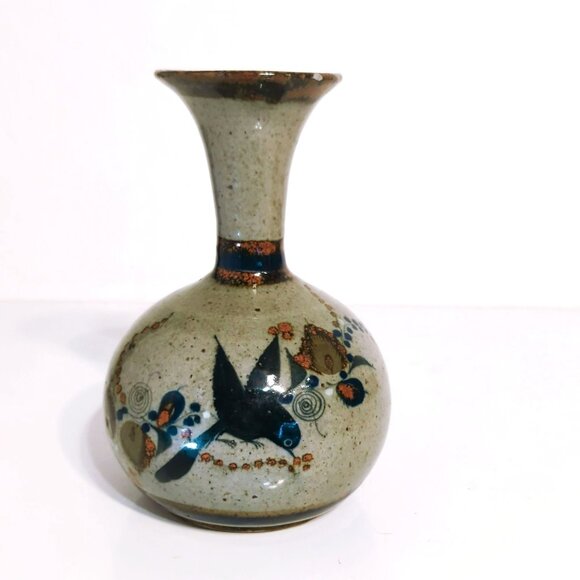 Tonala Mexcian Art Pottery Bird Floral Bud Vase Hand Painted Flowers Earthtone - Picture 1 of 5